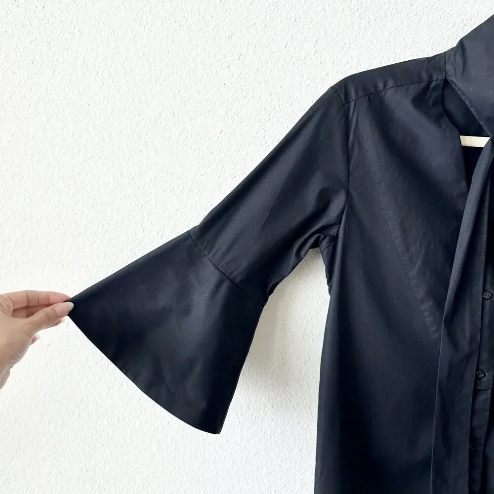 Palmer Harding Black Stretch Cotton V-neck Blouse Tie Neck Bell Sleeve Sz 0/2_7